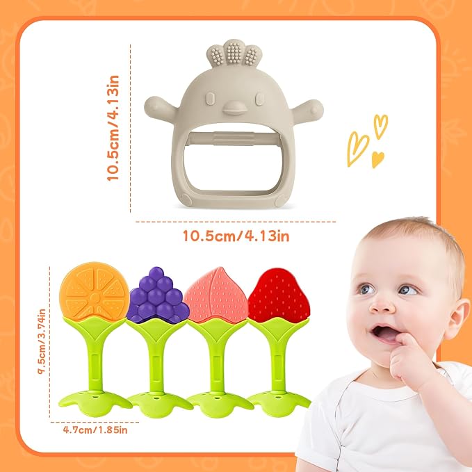 Tinabless Baby Teething Toys 5 Pack, Silicone Teething Mitten & Hand Teethers for Babies 3+ Months, BPA-Free Food Grade Silicone Chew Toys, Anti-Drop, Freezer Safe, Caramel