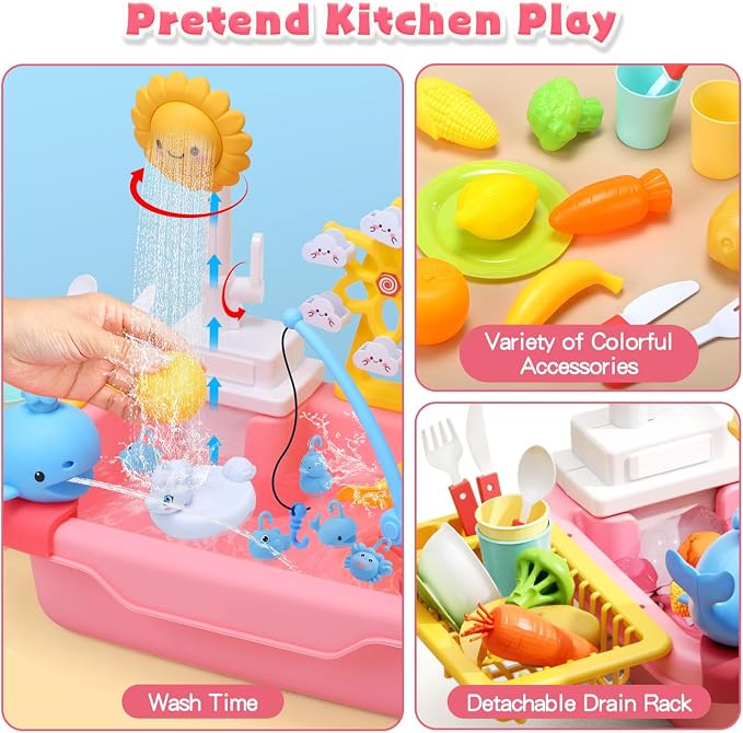 CUTE STONE Toddler Water Table for Kids, Kitchen Sink Toy with Running Water & Fishing Game,Water Play Table for Backyard Beach Pool, Summer Gifts for Boys Girls-Unicorn