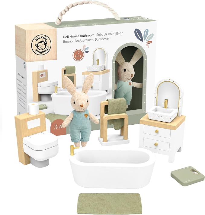 SPEEDY MONKEY Wooden Dollhouse Bathroom Playset with Bunny for Pretend Play | Miniature Bathroom Furniture Set with Bathtub, Sink, Toilet & Mirror | for Kids Ages 3+