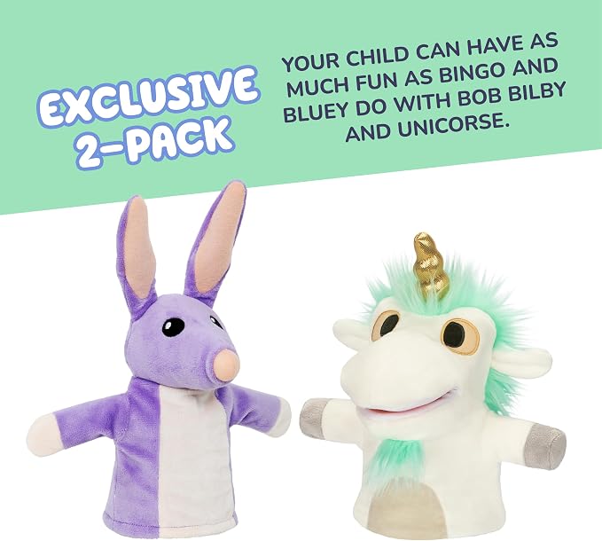 Bluey Unicorse & Bob Bilby Hand Puppets Plush 2-Pack – 8-9” Soft Deluxe Fabric, Embroidered Details, Perfect for Toddler Hands, Imaginative Play, Official Bluey Toys, Amazon Exclusive