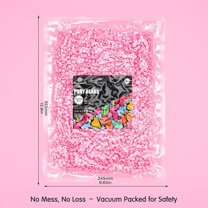 Dowsabel Pink Pony Beads Bulk 1000 Pcs 6x9mm, Large Hole Kandi Hair Beads for Braids Bracelets, DIY Friendship Bracelets Necklaces Jewelry Making Crafts and Gifts