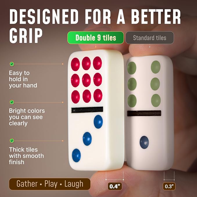 Queensell Double 9 Dominos Set for Adults and Kids with Colored Dots – Classic Dominoes Game Set with 55 Tiles, Wooden Hub, Trains and EVA Carrying Case
