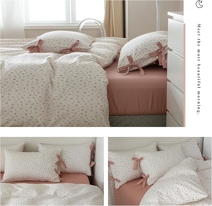 LifeTB Boho Farmhouse Comforter Set Twin XL Botanical Floral Bedding Comforter with 2 Bow Tie Pillowcases Coquette Flowers Comforter Soft Fluffy Cottagecore Floral Stripes Bedding Set for Teen Girls
