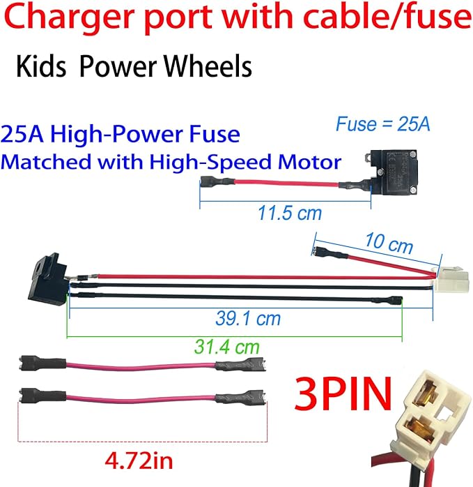 JRRXM 6V 12V 24V Round Charger Charging Port for Kids Power Wheels Ride on Electric Toys Car Replacement Parts,6PCS 25A Fuse Battery Connector Wires Cable Kit Set