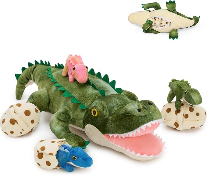 7Pcs Sound Alligator Plush Toy, 23.6" Talking Mother Crocodile Stuffed Animal with 3 Baby Alligators & 3 Eggs, Stuffed Educational Zoo Animals for Kids, Safari Plushies Gift for Christmas