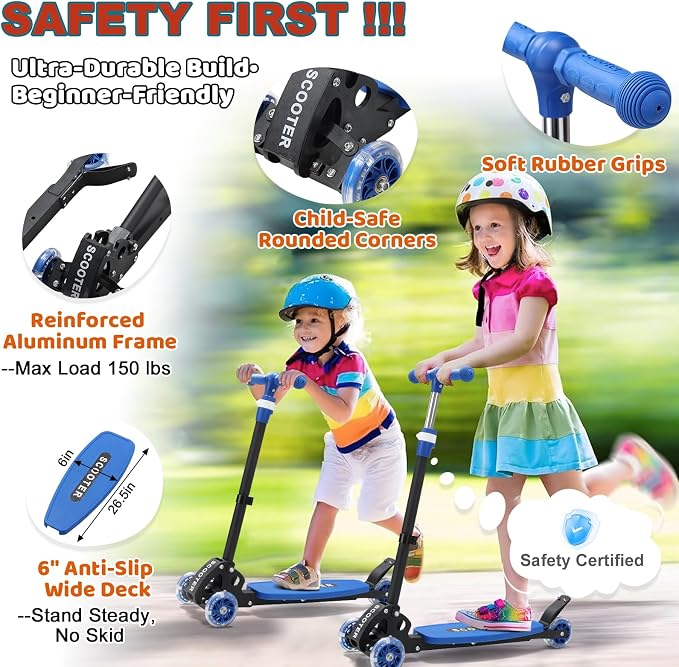 Kick Scooter for Kids Ages 6-12, Stable 3 Wheel Kids Scooter with LED Light-Up Wheels, 3 Adjustable Heights, Lean-to-Steer, Foldable, 6" Extra Wide Deck for Boys and Girls Gifts