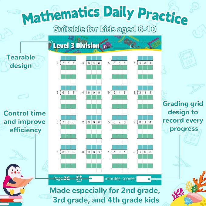 56 Pages Math Worksheets Division Practice Math Problem Workbook for 3rd 4th 5th Grade Students Age 7 8 9 10 11 Yeas Old Kids Early Childhood Education Materials Double & Triple Digit Division-Level 6