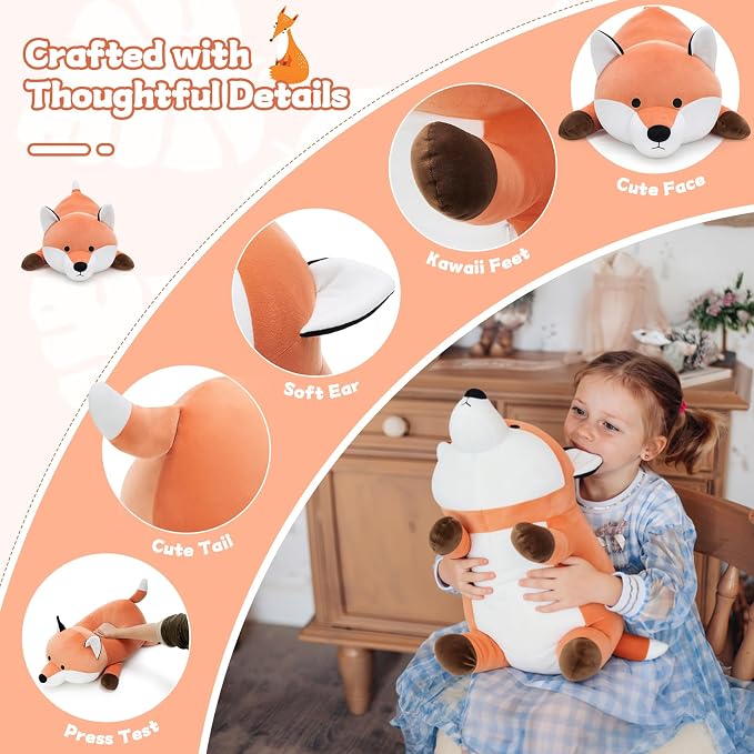 MorisMos 23.6" Red Fox Stuffed Animal, Cute Fox Plush Pillow, Fluffy Fox Pillow for Sleeping, Squishy Cuddle Buddy and Supportive Lumbar Cushion, Christmas Valentine’s Birthday Gift for Kids & Adults