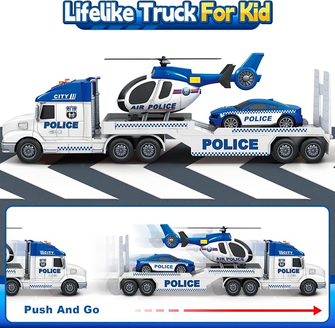 Kids Toys for 3 4 5 6 7 8 Years Old Boys, 27" Police Truck Toy with Racing Car and Helicopter, Toddler Friction Powered Truck Vehicle Toy with Lights, Sounds for Boys Girls Christmas Birthday Gifts