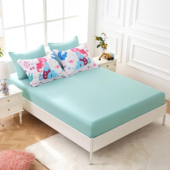 Wajade Kids Mermaids Comforter Set Bed in A Bag Twin Size 7 Piece Colorful 3D Cartoon Mermaids Bedding Set for Girls (1 Comforter, 1 Flat Sheet, 1 Fitted Sheet, 2 Pillowcase and 2 Pillow Sham)