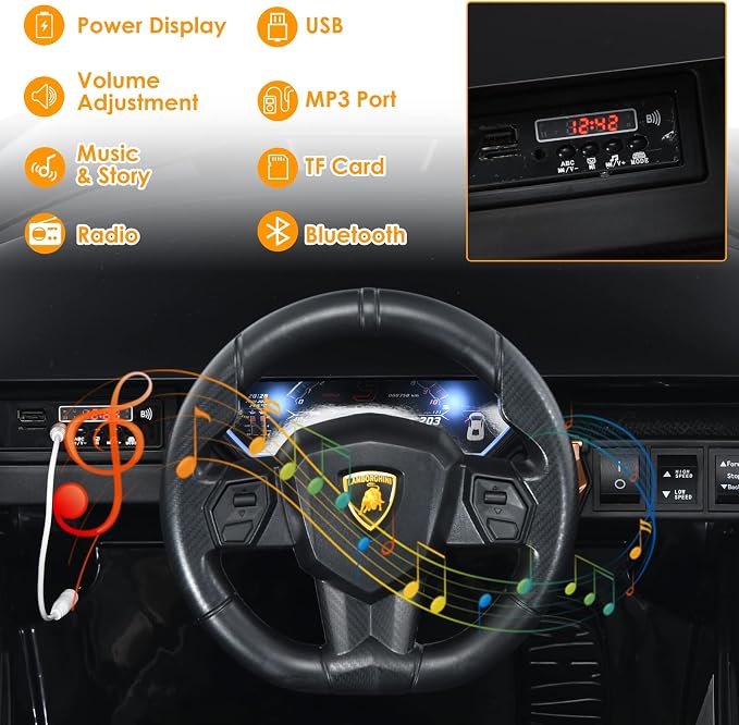 OLAKIDS Kids 12V Licensed Lamborghini SIAN Ride On Car, Electric Vehicle for Toddler with Control Remote, Battery Powered Toy with Music, Horn, 2 Speeds, Suspension, LED Lights, Bluetooth (Black)
