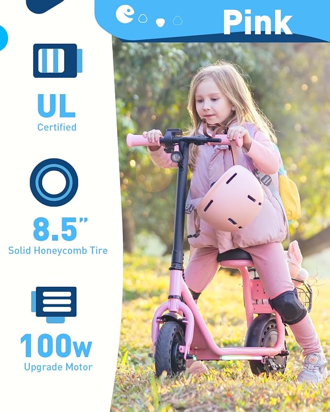 Hiboy Q2 Lite Electric Scooter for Kids with Seat for Ages 4-10, 5-Mile Range, 3-Speed Adjustable up to 9.3 MPH, Front Brake, LED Neon Lights