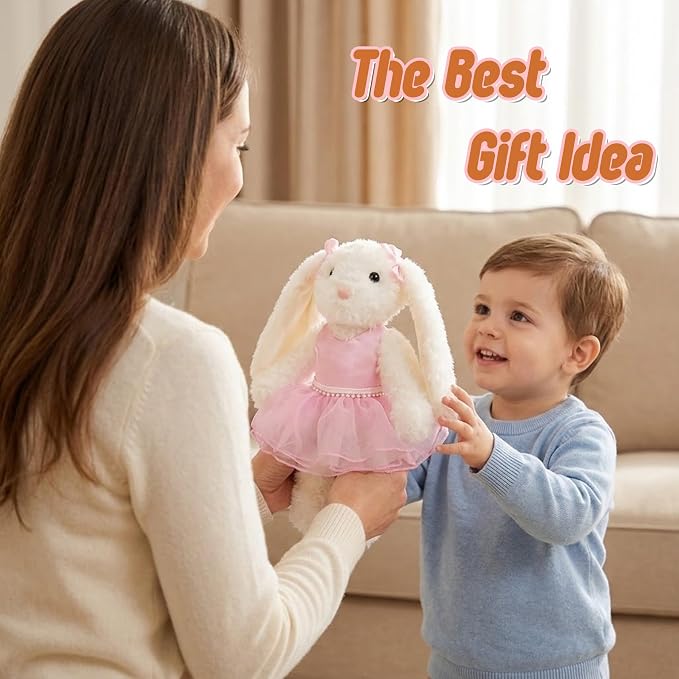 Ballerina Stuffed Animal Plush Toy Pink Tutu Dress Pearl Skirt Easter Rabbit Basket Stuffers Gifts for Girls Daughter Niece Dance Recital Ballet Class Princess Fairy Pretend Play Doll