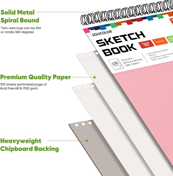 Sketch Book for Girls, 9" x 12" Sketchbook, 2 Pack 200 Sheets Spiral Bound Notebook, Acid Free Art Supply Set - Sketching & Drawing Art Stuff for Teen Girls,Granddaughter,Mother