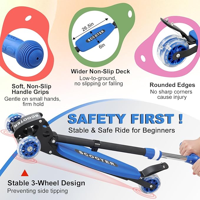 Scooters for Kids 6-8 8-12, Folding 3 Lighted Wheels Kick Scooter,3 Adjustable Height Handlebars, Lean-to-Steer,Widen Anti-Slip Deck, Heavy Duty Scooter for Boys Girls Ages 6-12,up to 170 Lbs