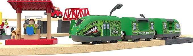 Dinosaur Train for Kids 3-5 – Battery Operated Bullet Train with Opening Doors & DIY Stickers, 3-Car Electric Railway Set Compatible with Thomas & Brio