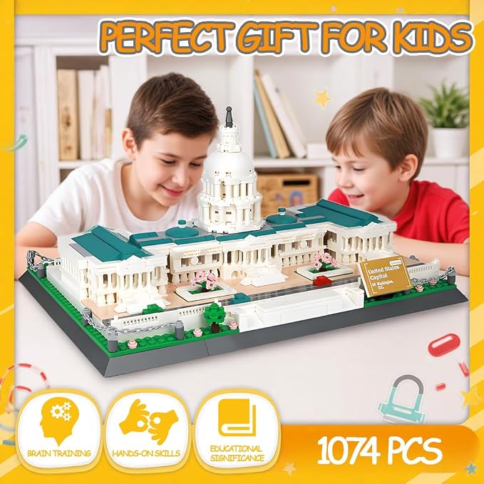 United States Capitol Building Blocks Set 1074 Pieces Washington D.C. Architecture Model Kit with Nameplate & Chain Fence USA Landmark Souvenir Gift Construction Toy for Adults & Teens