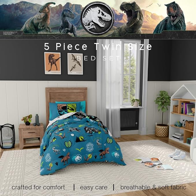 Jurassic World Kids Bedding Super Soft Cozy Reversible Microfiber Comforter and Sheet Set with Sham, 5 Piece Twin Size, (Officially Licensed Product) By Franco