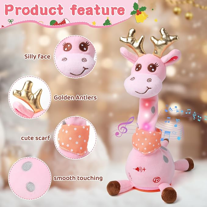 Dancing Talking Giraffe Toy, Stuffed Animal Baby Toy Repeating What You Say, Glowing Musical Giraffe Gifts for Toddlers 1-3 Years Old, for Kids (Pink Giraffe with Golden Antlers)