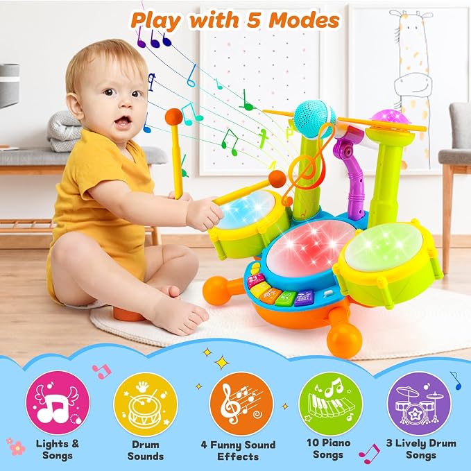 Kids Drum Set for Toddlers Musical Baby Toys Boy Gifts Montessori Baby Girl Toys with Microphone Light Up Learning Toys Birthday Gifts for Infants Toddler Age 3+