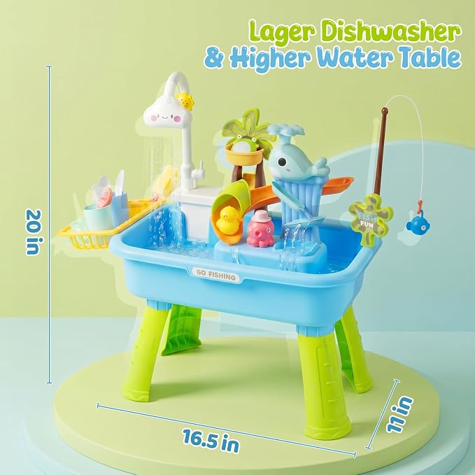 Upgraded Toddler Sand Water Table with Electric Water Pump - 4-in-1 Outdoor Play Center with Faucet, Play Food & Fishing Game - Kitchen Sink Toys for Boys Girls Age 3+ (Blue)