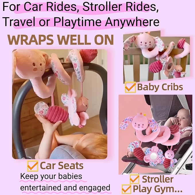 Spiral Car Seat Toy for Babies 0-6-12 Months Girl, Stroller Hanging Baby Toys 0-3-4-5-6-7-8-9-12 Month Old Newborn Infant Toddler Rabbit Gifts Travel Carseat Mirror Crinkle Bunny Accessories