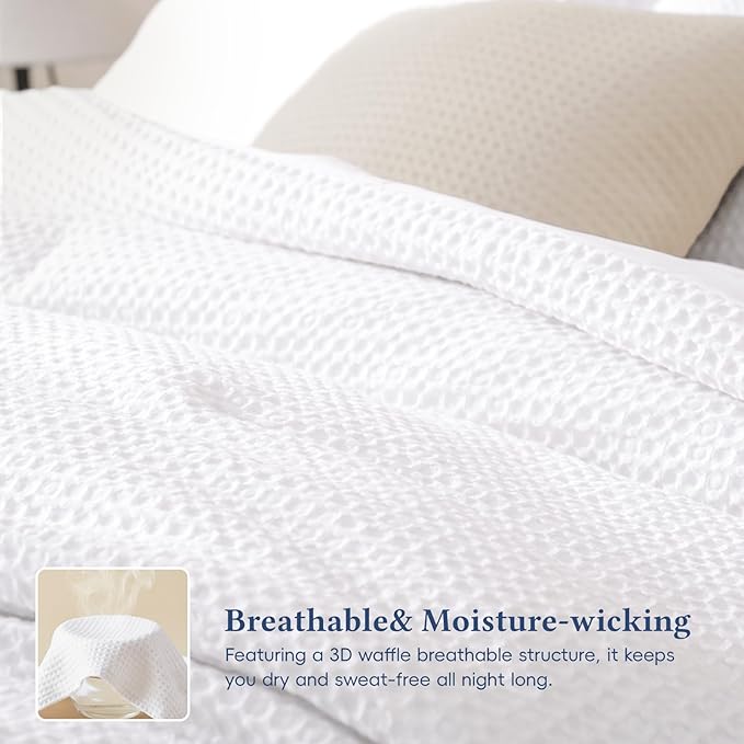 David's Home Waffle Weave Comforter Set 3PCS Queen Size, Soft Breathable Lightweight Cozy Skin-Friendly Warm for All Season, Elegant Aesthetic Home Decor Bedding Set with Pillow Shams, White