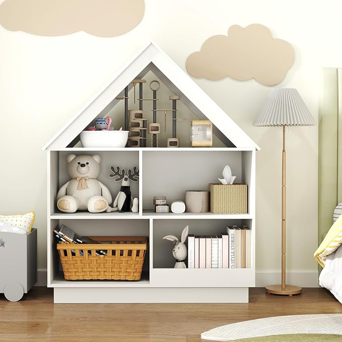 Costzon Kids Dollhouse Bookshelf, 3-Tier Wooden Open Bookcase for Toys and Books, Baby Bookshelf and Toy Storage Organizer, Book Shelf for Kids Rooms, Playroom, Nursery, Classroom (White)