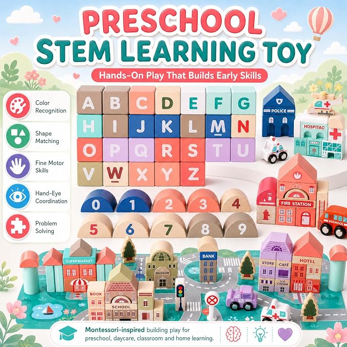 Migargle Wooden Building Blocks Set, 115 Pcs City Construction Stacker Stacking Preschool Learning Educational Toys, Toddler Toys for 3+ Year Old Boy and Girl Gifts