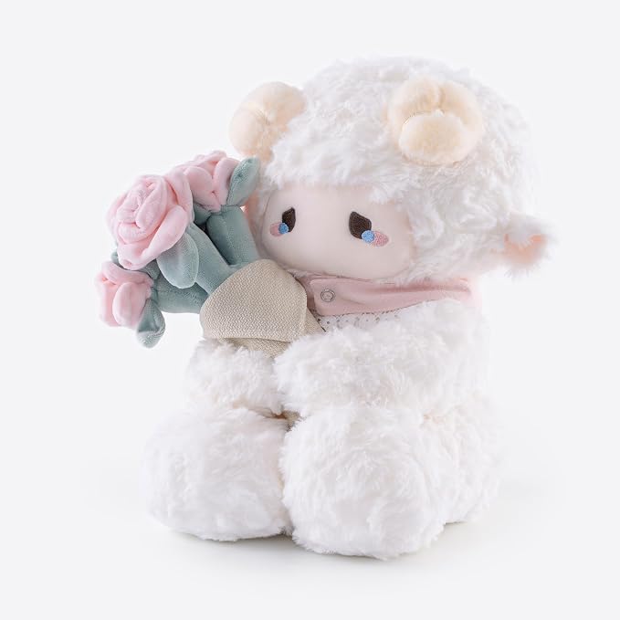 11.4" White Lamb Plush Stuffed Animal with Removable Bouquet of Pink Roses - Ultra Soft & Interactive Cuddly Toy Gift, A Surprise That Never Fades