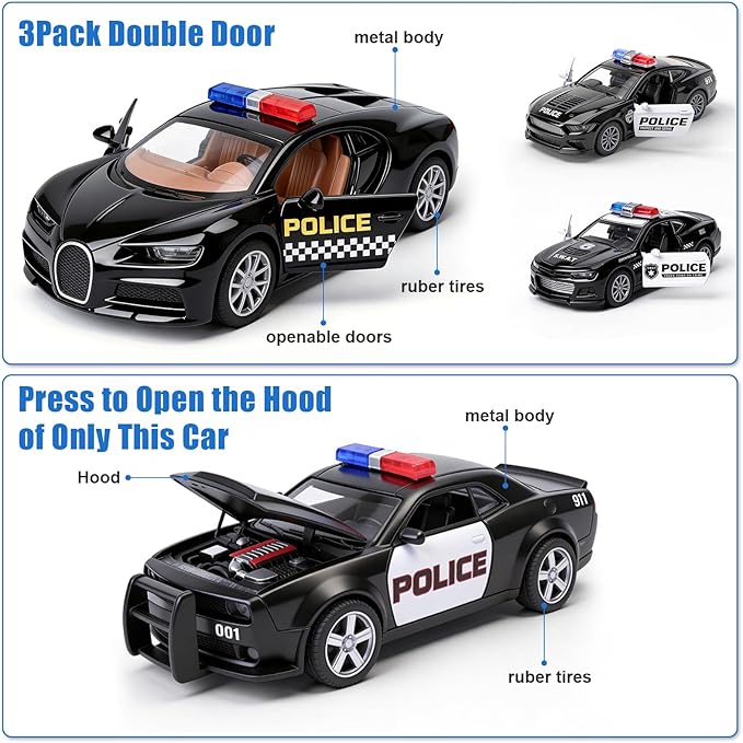 1/36 Metal Diecast Police Car Toy Set,4 Pack Police Pull Back Toy Cars with 3 Opening Doors & 1 Hood Model Boys Cars Toy for Kids Ages 3 4 5 6 7 8 9 10 11 12 Years Old