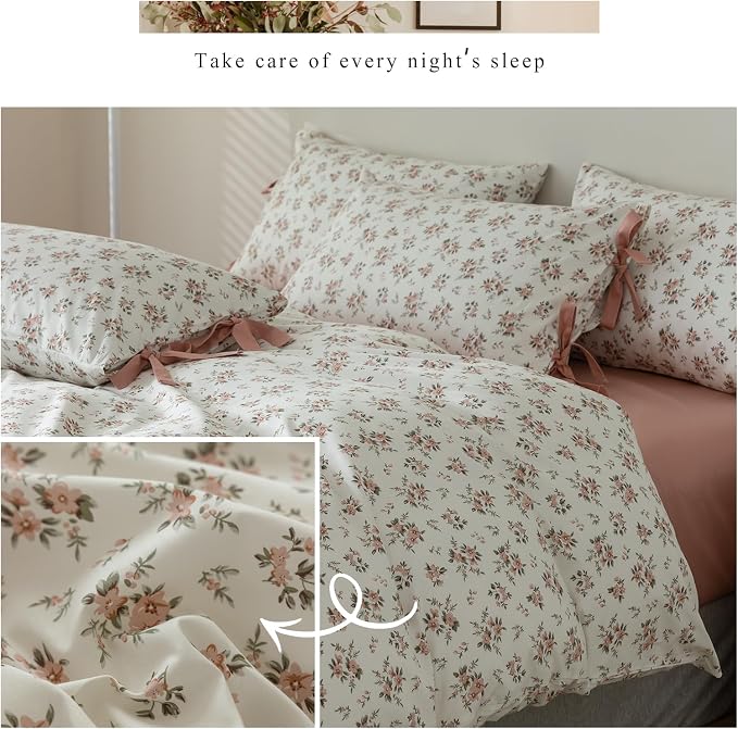 Vintage Floral White Comforter Set King Vibrant Colors Garden Flower Leaves Comforter Set for Girls Women Floral Botanical Pink Comforter Set 1 Flower Comforter with 2 Bow Ties Pillowcases All Season
