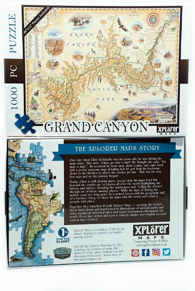 Grand Canyon National Park Cardboard Jigsaw Puzzle - 1000 Pieces, Hand-Illustrated - Educational, Family Activity, Ages 7+, Includes Poster - 25.4 x 19.8