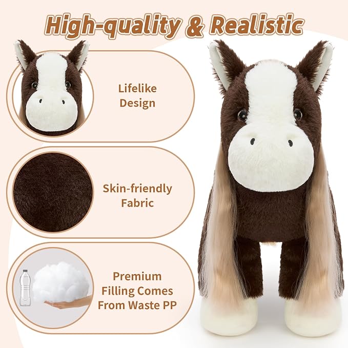 Tezituor 4Pcs Horse Stuffed Animal with Long Hair, 18 Inch Large Mommy Horse with 3 Baby Ponies Plush Set, Realistic Farm Pony Body Pillow Gift for Girls Boys