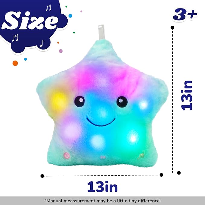 13" Musical Green Star Plush Pillow Glowing Twinkle Night Light Stuffed Animal LED Toys Adjustable Volume Birthday for Girls Boys