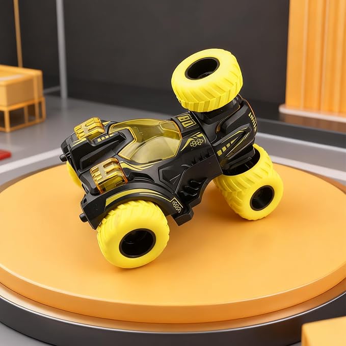Friction Powered Flip Stunt Car, Push and Go Toy Car with 360° Upright Spin, Dual-Sided Rotating Off-Road Vehicle, No Batteries Required, Toy Car for Boys & Girls Ages 3 (Yellow)