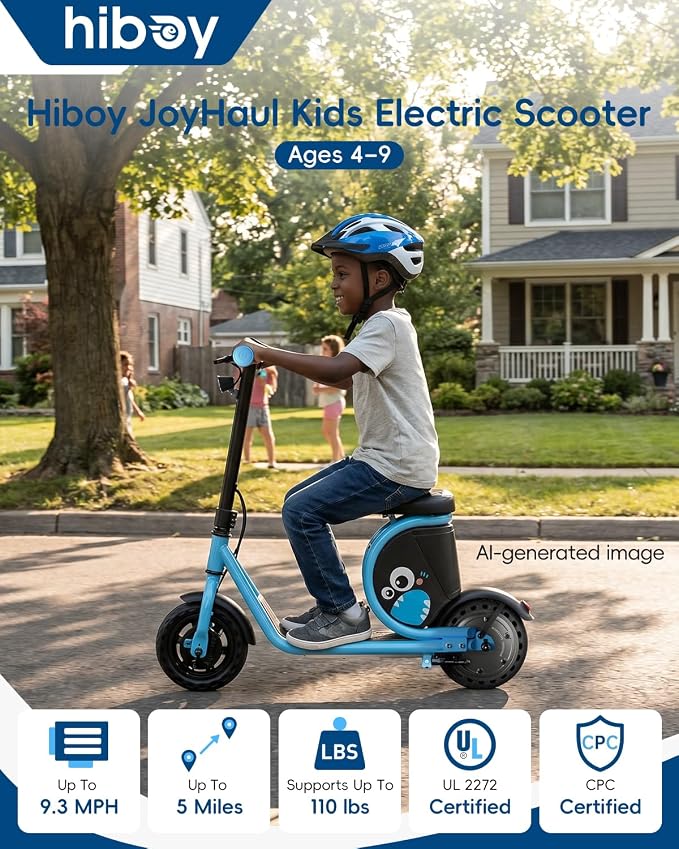 Hiboy JoyHaul Electric Scooter for Kids Ages 4-9, with Seat, UL 2272 Certified, 100W Motor, 5 Miles Range, 9.3 MPH, LED Lights, Under-Seat Storage & Front Brake