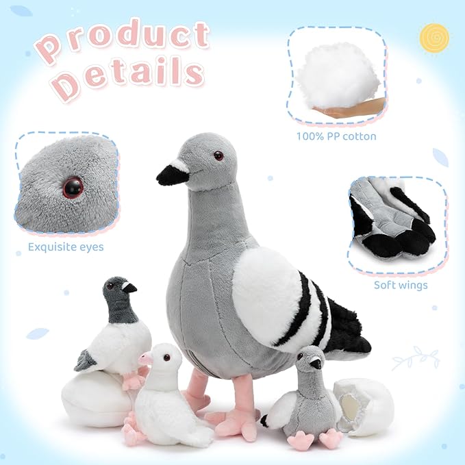 Tezituor 6-Piece Pigeon Stuffed Animal Set,Realistic Pigeon Plush Toy with 3 Baby Birds and Eggs,Soft Cuddly Dove Bird Plushie for Kids Girls Boys,Easter Valentine’s Day Christmas Birthday Gift, Grey
