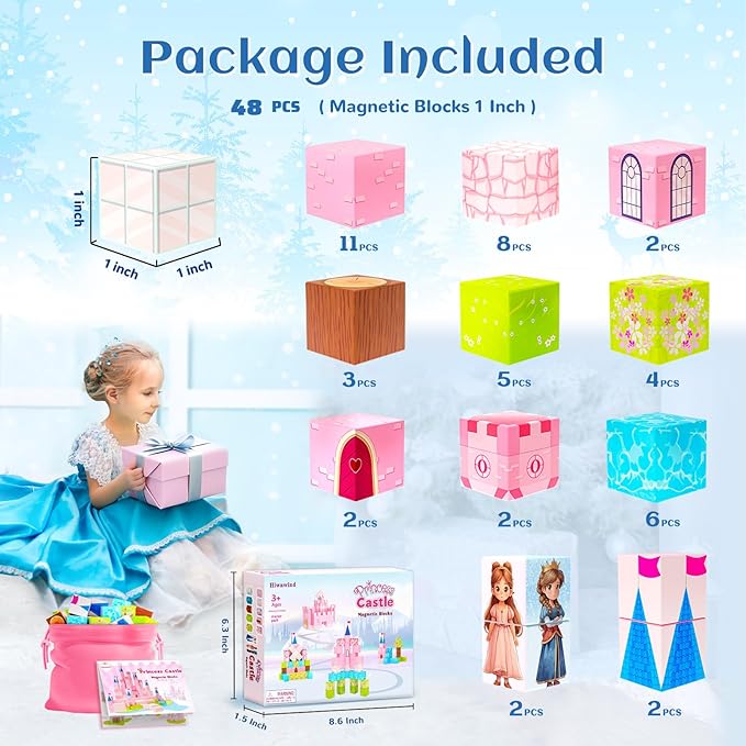 Hiwawind Updated Princess Magnetic Blocks for Girls, Princess Castle Magnetic Building Toys, STEM Montessori Sensory Toys for Toddlers 3-4 5-6 7-8, Creative Birthday Gifts for 3+ Year Old Girl