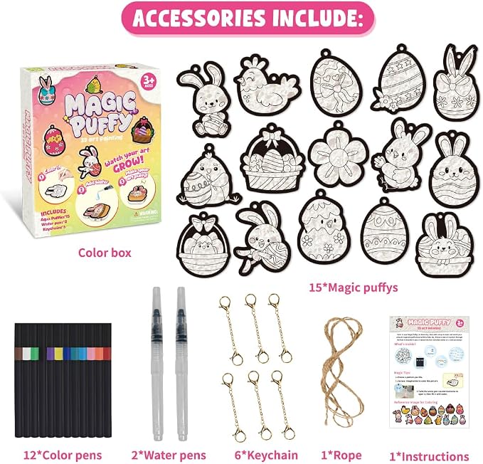 MZYTOZA Magic Foam Texture Painting Kit - 3D Art Craft Aqua Magic Puffs Paint Kit, 15 Mess-Free Paint by Number Craft for Kids (Double-Sided Aqua Magic Puffs Easter Bunny)