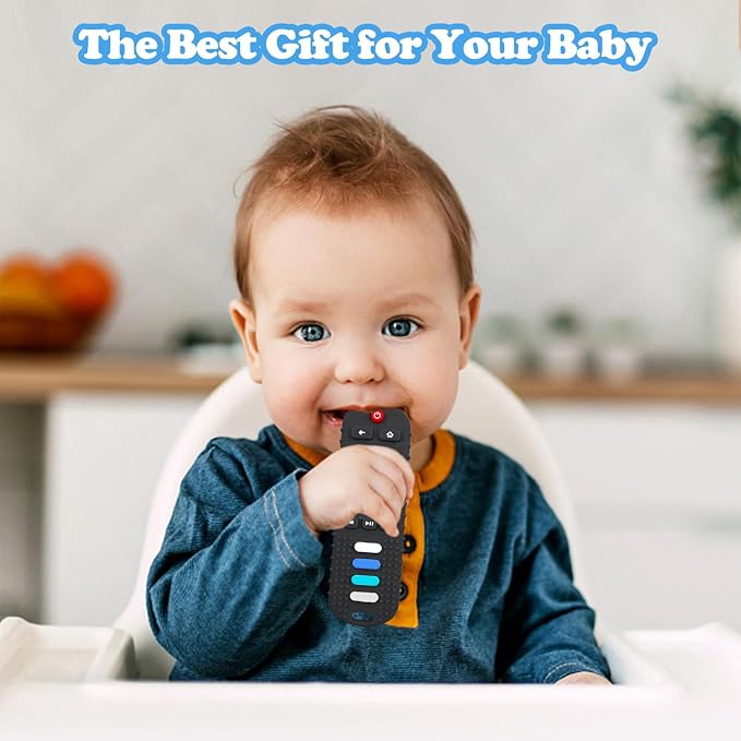 ROBBEAR Baby Teething Toys, Food Grade Silicone Teether for Babies 3 6 12 18 Months, TV Remote Shape Toddlers Chew Toys, Freezer BPA Free (Black+Red)