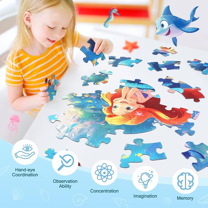 DIGOBAY Floor Puzzles for Kids Ages 3-5, 70 Pieces Mermaid Jigsaw Puzzle for Toddler Girls Ages 3 4 5 6 7 8 Year Old, Large Round Underwater Princess Puzzle Educational Learning Toys Birthday Gift