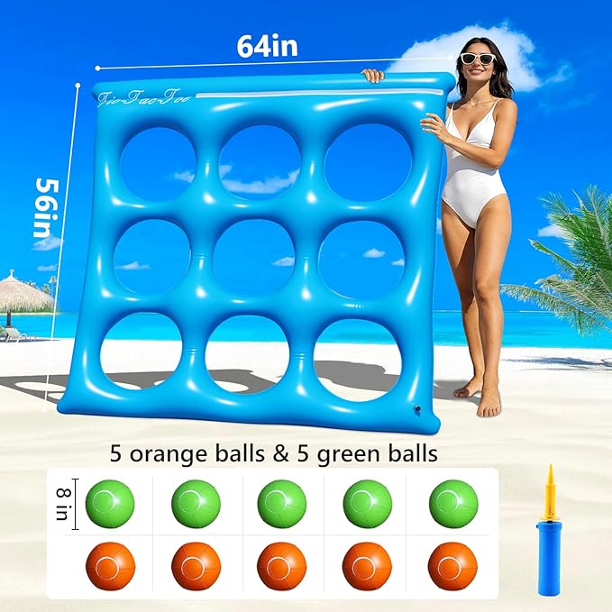 Giant Tic-Tac-Toe Pool Toys Games Set, Inflatable Pool Tic-Tac-Toe Game Float with 10 Balls, 2-10 Players Floating Pool Toys for Kids, Fun Pool Games Party Beach Toy for Teens Adults & Family