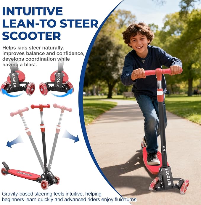 3 Wheel Scooter for Kids Ages 3-12, LED Light-Up Kids Kick Scooter–Portable Foldable, Adjustable Height, Durable Metal Construction, 6" Extra Wide Deck for Outdoor Activities,Child Safety Certified