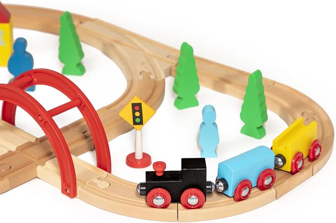 maxim enterprise, inc. 40 Pc Wooden Train Set, Complete Toy Railway with Straight and Curved Tracks, Wood Engine, Cars, Hauler, Signs, and More, Compatible with All Major Brand Accessories, Age 3+
