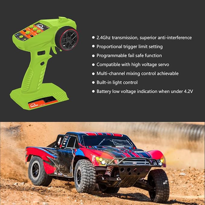 RC Radio System 4CH 2.4G RC Transmitter with Receiver and Lanyard Anti-Jamming Remote Controller for RC Car Crawler Boat, Green