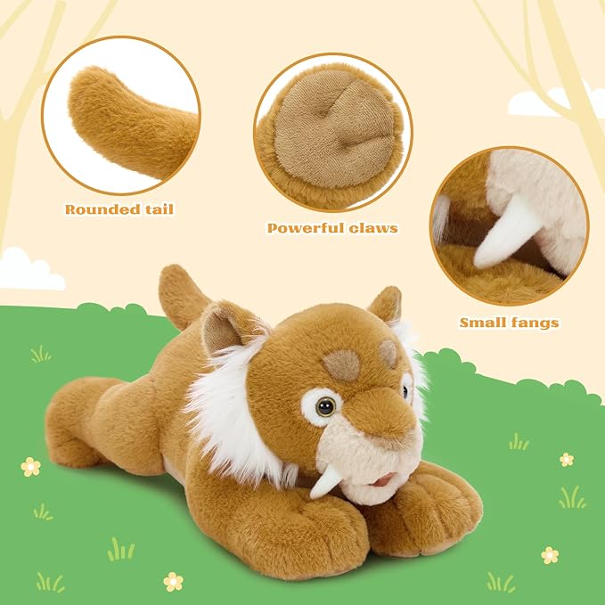 Tezituor Tiger Stuffed Animal,Tigers Plush Toys Set,17.7in Large Mommy Smilodon with 2 Babies,Realistic Wild Saber Tooth Tigers Plushie Stuffy Gift for Kids Boys Girls Easter Valentines Christmas