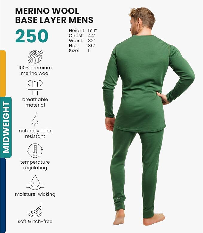 Merino.tech Merino Wool Base Layer Mens Set - Heavyweight, Midweight, Lite Merino Wool Thermal Underwear For Men Top, Bottom