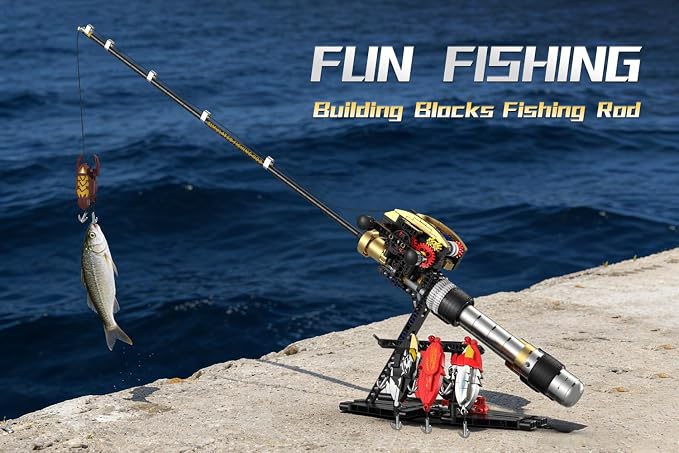 Fishing Rod Building Blocks Toy, Compatible with LEGO Fish Rod, STEM Mechanical Fishing Pole Construction Set with Reel and Fish Bait Accessories, Creative Educational Toy Gift for Adult
