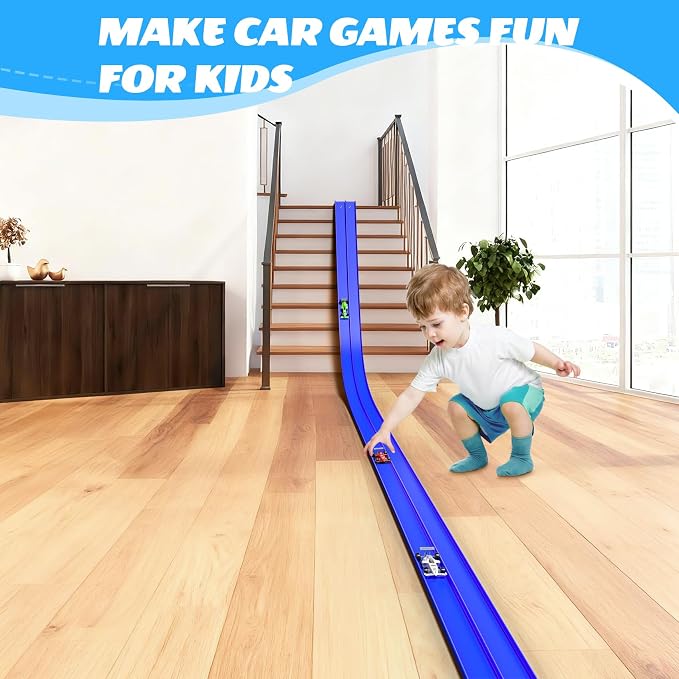 16FT Flexible Race Track with 4 Cars - DIY Car Ramp Track for Jumps, Loops, Ramps - Portable Roll-Up Dual Racetrack for Indoor Outdoor Play, Ages 3+ (Blue)